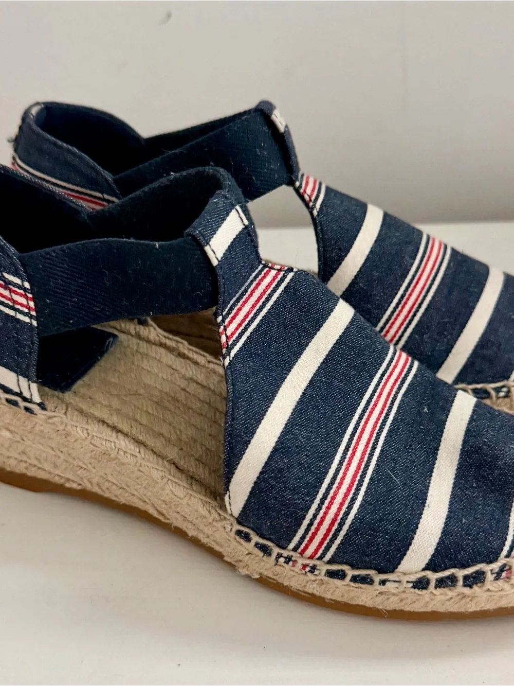 Tory Burch Navy, White & Red Striped Espadrille Wedges